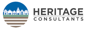 Heritage Consultants Logo which is a circle. The top half is buildings with the bottom half showing ground beneath.
